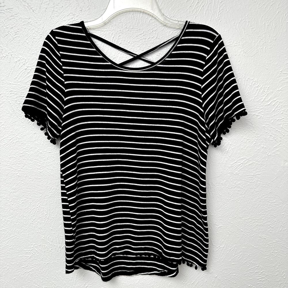 Moral Fiber Striped Pom Pom Sleeve Top Large Black White Criss Cross Back Tee